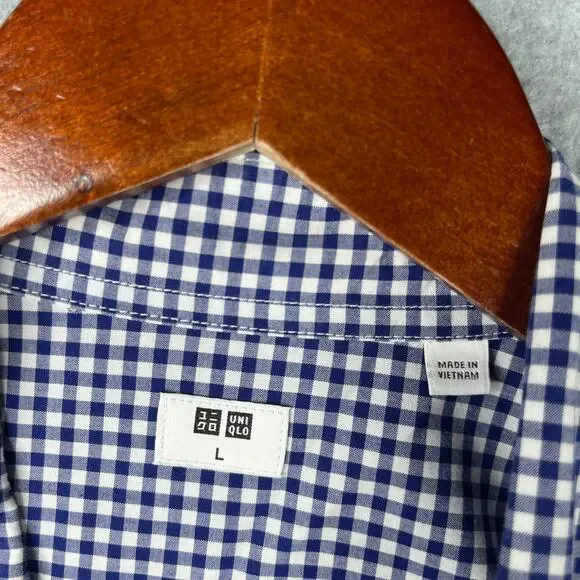 Uniqlo Shirt Large Navy Blue Gingham Check Button Up Long Sleeve Casual Mens - Picture 4 of 10